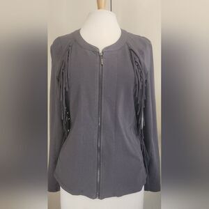 J50 Yest Jacket Womens Gray Cotton Stretch Full Zip Western Fringe Embroidered